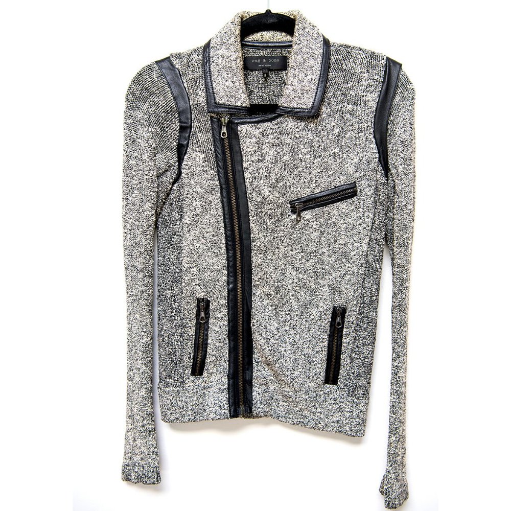 Rag & Bone Bouclé Knit Jacket Leather Trim XS - Picture 3 of 12